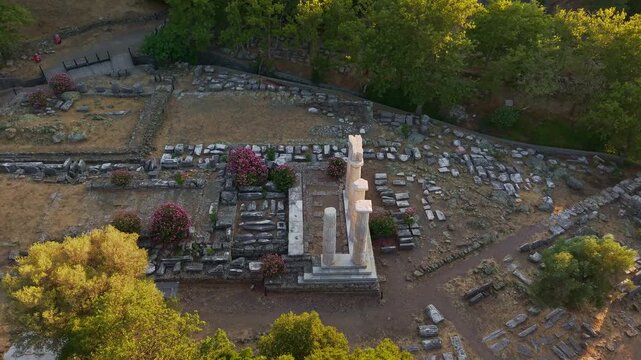 Aerial View of Sanctuary of the Great Gods at Sunset Samothrace