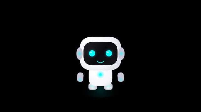 Cute AI Robot Mascot Animation with Glowing Blue Eyes Floating on Black Background 4K Loop