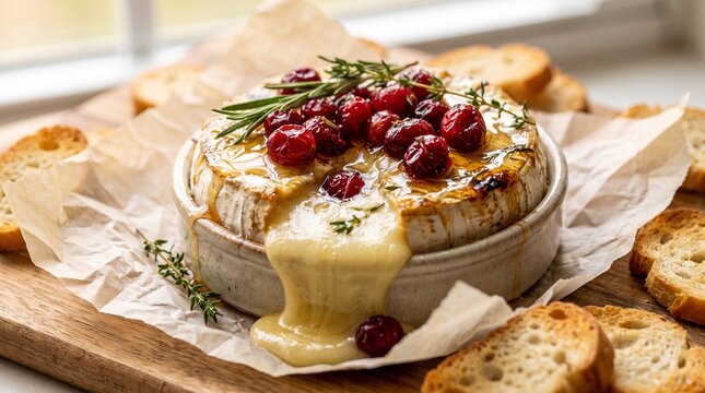 baked brie cheese with cranberry topping and melted center served on rustic wooden board gourmet appetizer elegant holiday entertaining food