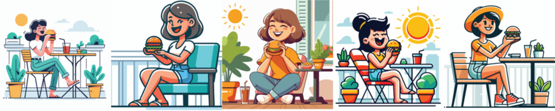 Vector set of a woman eating a burger