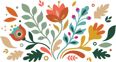 Scandinavian Style Folk Art Floral Bouquet with Stylized Muted Flowers and Decorative Slavic Leaves for Traditional Textile Greeting Card Pattern Vector Illustration © MdMahedy