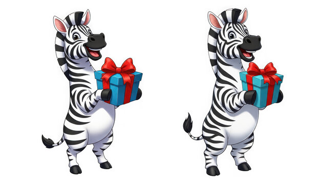 Cute cartoon zebra holding a blue gift box isolated on transparent background