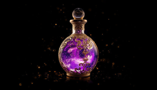 A magical glowing wizard potion bottle with intricate golden ornaments, isolated on a solid black background.