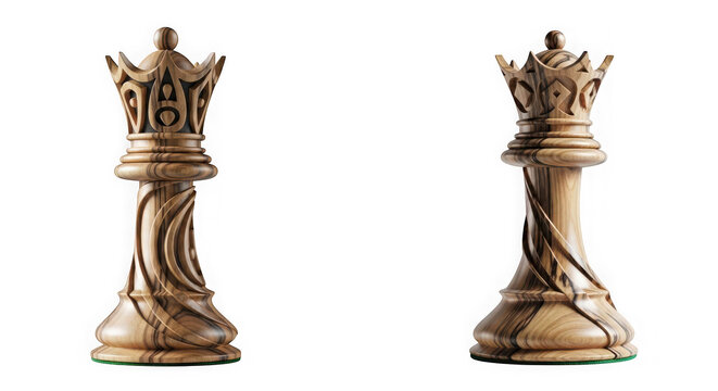 Two wooden chess queen pieces isolated on transparent background