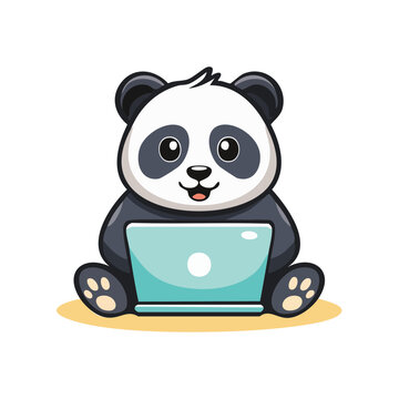 Cute cartoon panda using a laptop