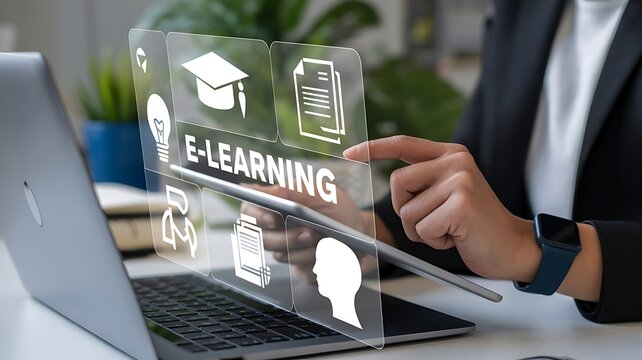A person in a business setting interacts with an e-learning module on a laptop computer screen displaying educational icons.