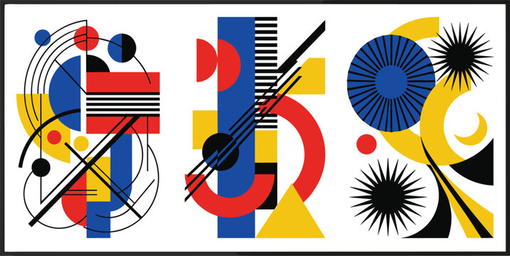 Abstract geometric vector poster design set with colorful modern bauhaus shapes lines and sunburst elements for graphic design