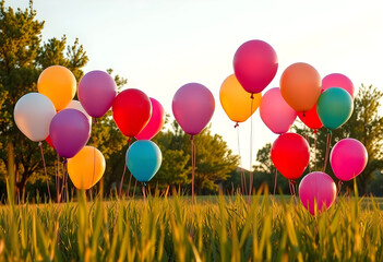 Fototapeta premium Colorful balloons floating above grass in park