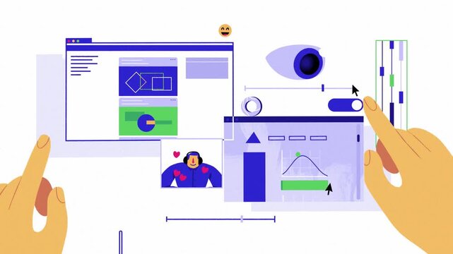 Human Hands Interacting and Configuring Dashboard Wireframes on Modern Web UI UX Layout 2D Animation