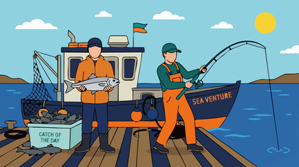 Fishermen with boat and fresh catch on a wooden dock illustration © Pixelaraf