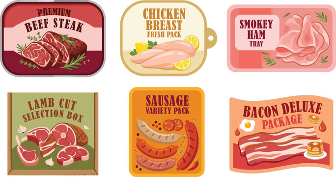 Collection of six different meat product packaging designs, including beef steak, chicken breast, ham, lamb, sausage, and bacon.