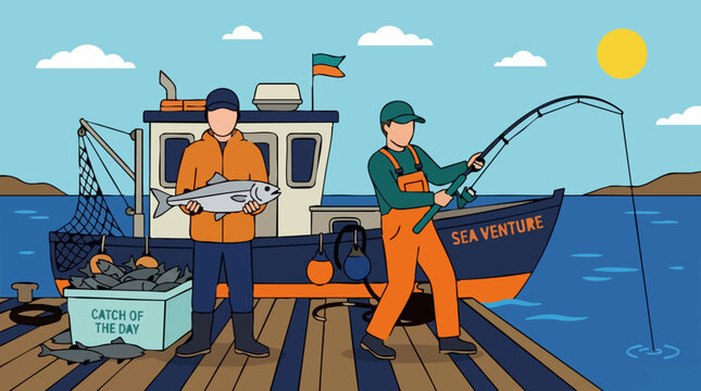 Fishermen with boat and fresh catch on a wooden dock illustration