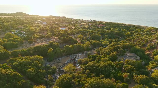 Aerial View of Sanctuary of the Great Gods at Sunset Samothrace