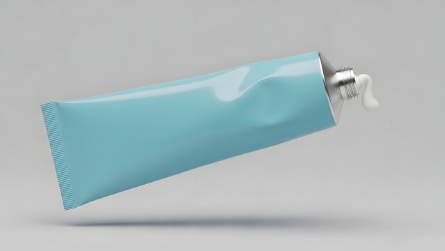 Aesthetic floating blue lotion or toothpaste tube packaging template on clean background