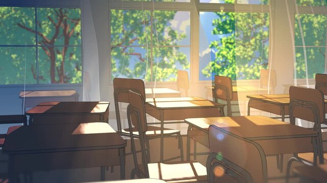 Empty Japanese Classroom with Open Window and Light Rays &ndash; Summer Loop 4K