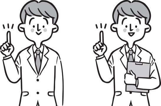 ポイントを説明する男性会社員2　上半身　ベクター（モノクロ）