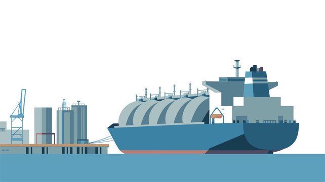 Large blue LNG tanker ship moored at a port terminal with industrial storage tanks and a loading crane on the waterfront.