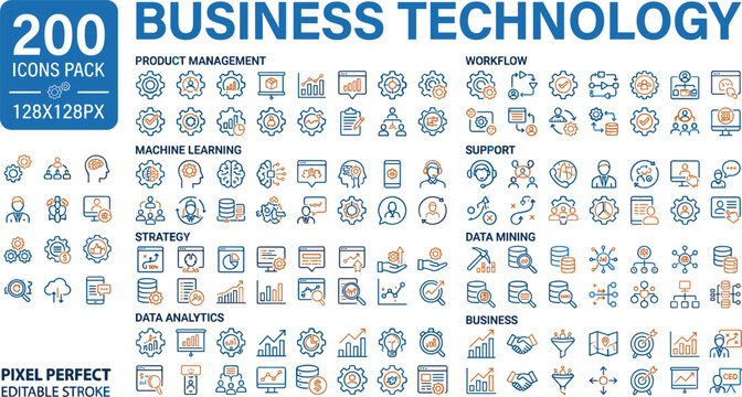 Business technology vector icon pack for machine learning data analytics workflow strategy management line art editable stroke set