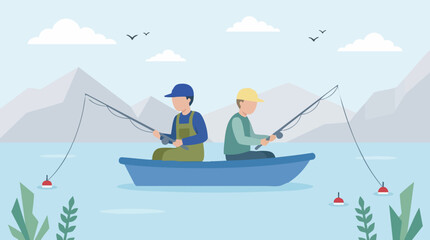 Illustration of two men fishing in a boat on a lake surrounded by nature © Pixelaraf