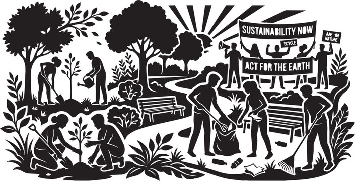 Diverse people planting trees and cleaning park during sunny day with sustainability banners promoting environmental action