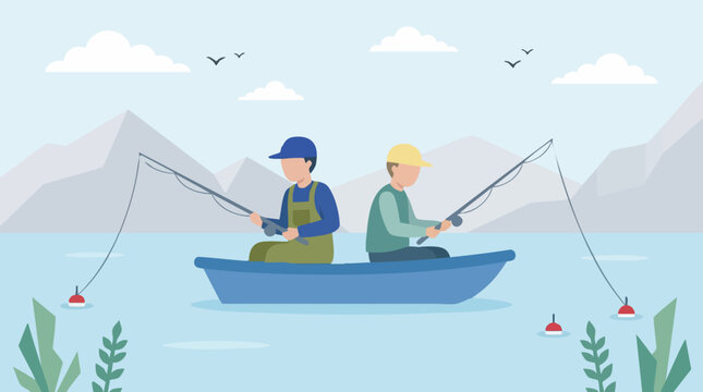 Illustration of two men fishing in a boat on a lake surrounded by nature