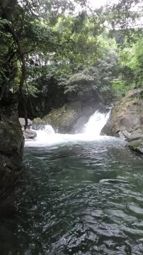 Mountain Waterfall and Clear River Stream in June, Niihama, Ehime, Japan