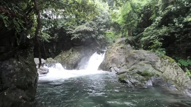 Mountain Waterfall and Clear River Stream in June, Niihama, Ehime, Japan