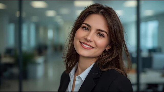 Young businesswoman portrait smile modern office corporate setting. confident approachable woman