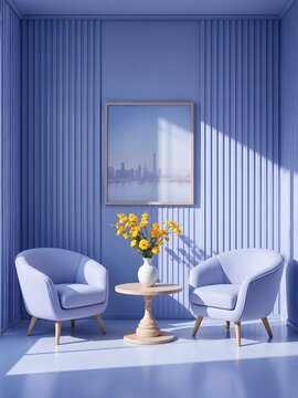 Modern Purple Living Room Interior with Armchairs and Yellow Flowers