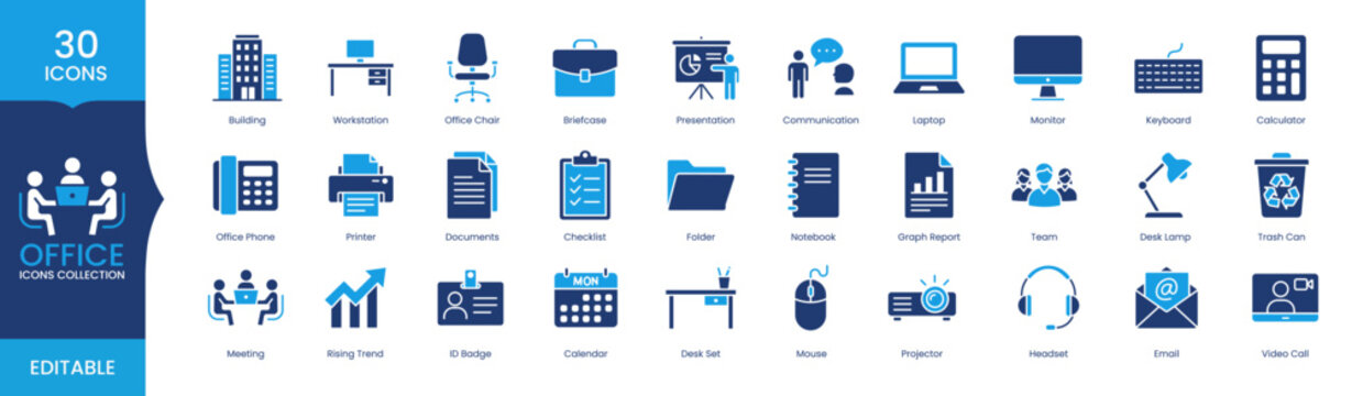 Office Icons Collection, Business Office Vector Icon Pack, Workplace Symbols, Editable Flat UI UX Icons for Web, Mobile App, Presentation and Infographic