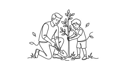 Obraz premium Father and son planting tree together in garden outdoors actively