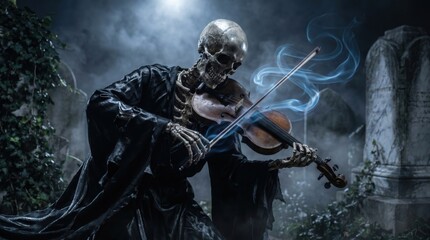 Naklejka premium Skeleton Musician Playing Violin with Ethereal Smoke in a Spooky Graveyard