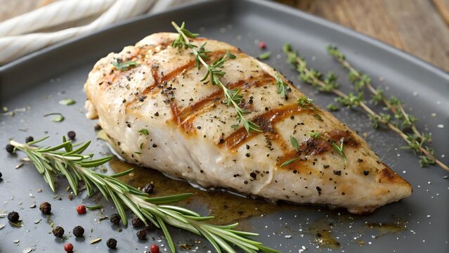 Juicy golden buttery chicken breast with aromatic rosemary and thyme seasoning served as premium restaurant style meal