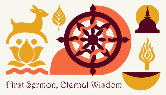 Bold flat vector for Asalha Bucha: saffron wheel, lotus, candle, monk bowl for Buddhist temple design