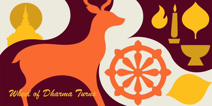 Asalha Bucha sacred vector with Dharmachakra, deer, incense, full moon for Theravada festival graphics