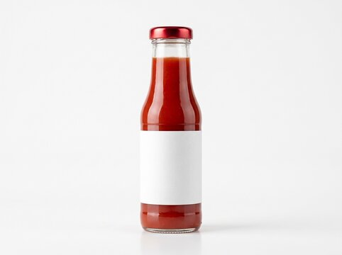 Minimalist commercial shot of a glass ketchup bottle with an empty label and red lid, tailored for packaging design templates."