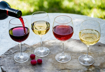 Fototapeta premium Pouring red wine into glass with white and rose wine glasses