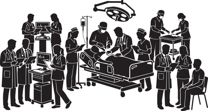 Medical team actively caring for patient on operating table with surgical lights above during procedure