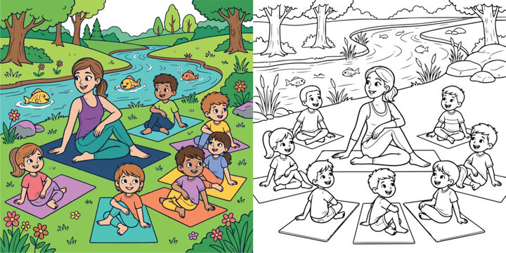 half lord of the fishes pose ardha matsyendrasana yoga exercise pose learning children child kid kids boy girl teacher cartoon clipart and lineart print vector illustration for color coloring book