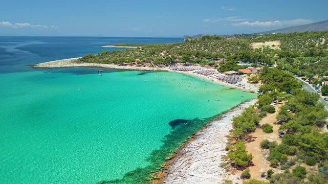 Crowded Psili Ammos Beach Aerial View, Thasos island, Greece 