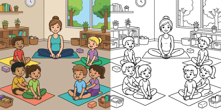 cobbler pose baddha konasana yoga exercise pose learning children child kid kids boy girl teacher cartoon clipart and lineart print vector illustration for color coloring book
