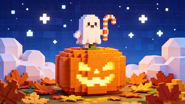Cute 3d pixel art ghost character holding candy cane on top of glowing pumpkin jack o lantern for spooky Halloween holiday promotion banners.