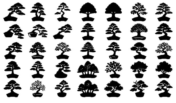 Stylized Bonsai Tree Vector Collection with Elegant Japanese Garden Elements
