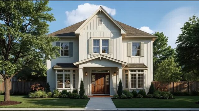 Charming two story suburban house with porch, manicured lawn, symmetrical facade, trees