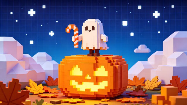 Cute 3d pixel art ghost character holding candy cane on top of glowing pumpkin jack o lantern for spooky Halloween holiday promotion banners.