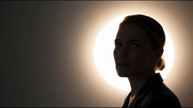 Woman silhouette profile backlight portrait halo moquette glowing circular light contemplative mood