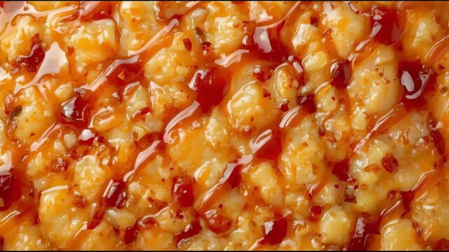 Creamy macaroni cheese pasta with spicy chili sauce drizzle and glossy comforting sauce