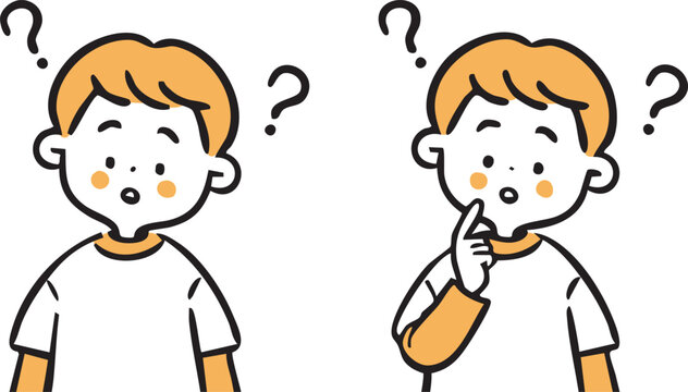 疑問を感じる男の子のイラスト　上半身　ベクター（オレンジ）