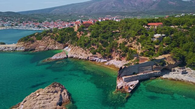 Palataki mansion and Limenaria Harbor Aerial, Thassos island, Greece