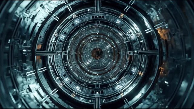 Futuristic metallic tunnel with concentric ring glass reflections and glowing immersive motion
